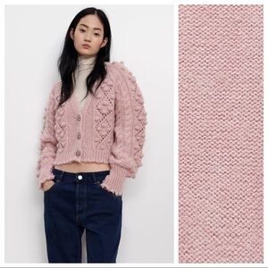 NWT. Zara Wool Blend Blush Jewel Buttons Cardigan with Pom Poms Applique. Size S